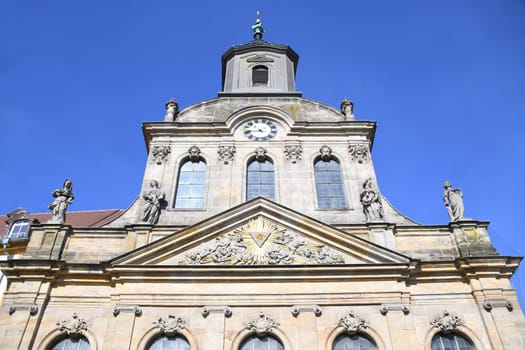 The Spitalkirche in the city center of Bayreuth. Church Margrave Church Evangelical Lutheran façade with relief. Consecrated in 1750. It is a listed building
