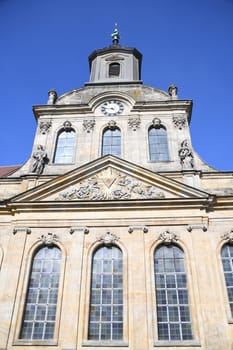 The Spitalkirche in the city center of Bayreuth. Church Margrave Church Evangelical Lutheran façade with relief. Consecrated in 1750. It is a listed building