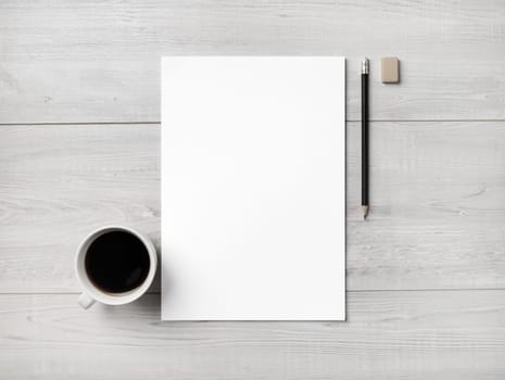 Blank white letterhead, coffee cup, pen and eraser on light wooden background.