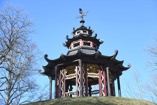 The Schneckenberg with the Chinese Pavilion in the Hermitage Bayreuth. The octagonal paagogue was built in 1772 in the park. Sight. Festival.