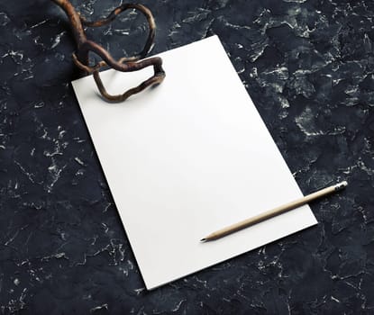 Blank letterhead, pencil and dry branch. Blank branding template. Blank stationery.
