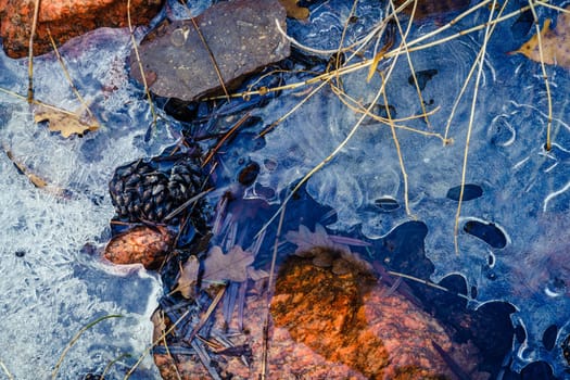 Close-up image of ice patterns in a creek in Grasshopper Canyon in New Mexico