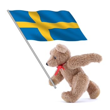 A Sweden flag being carried by a cute teddy bear