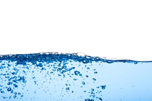 Abstract clean flow ripple surface on liquid. Light blue water wave with air bubbles and a little bit splashed underwater, studio shot isolated on white background