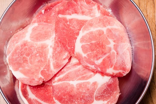 Raw pork on plate, Korean traditional style fresh pork beef belly BBQ, Japanese meat hot pot or Shabu in the restaurant, barbecue food