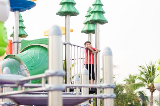 Asian child playing on outdoor playground, happy preschool little kid having funny while playing on the playground equipment in the daytime in summer, Outside education, Little boy climbing