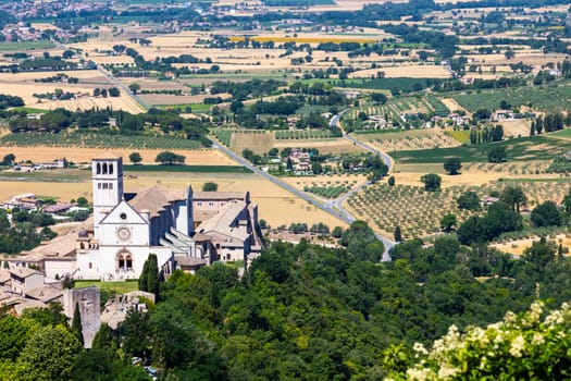Assisi village in Umbria region, Italy. The town is famous for the most important Italian St. Francis Basilica (Basilica di San Francesco)
