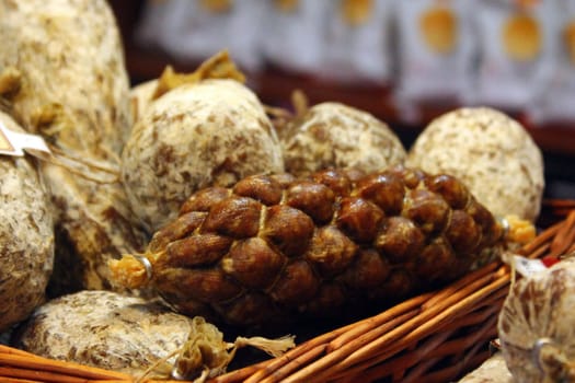 Close up of a truffle bombetta salami in a butcher shop in Italy