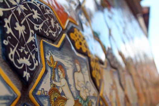 Close up of porcelain tiles in the Deruta village of porcelains in Umbria in the center of Italy