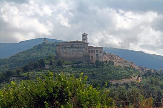 A panorama of the mount Subasio with Assisi Cathedral in Umbria in Italy
