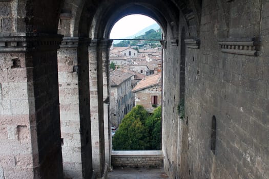 The arches of the medieval buildings in the center of Gubbio in Umbria in Italy