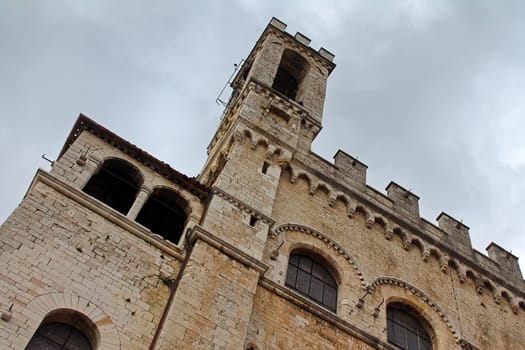 Close up of the tower of the main building of Gubbio in Umbria in Italy