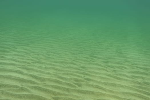 Underwater photo - almost flat sea bottom, only small sand "dunes"" visible. Abstract marine background."