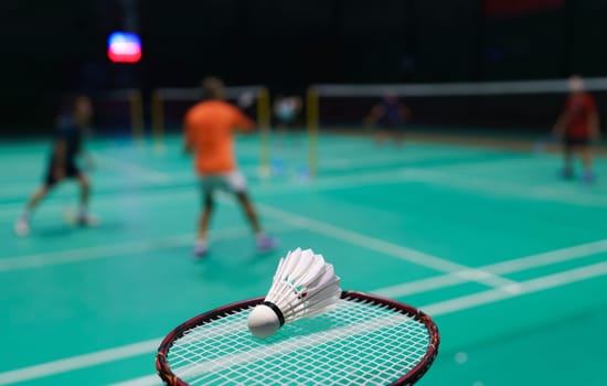 shuttlecock on green badminton playing court with player in background