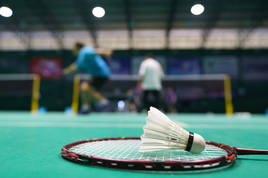 shuttlecock on green badminton playing court with player in background