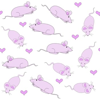 Seamless pattern with pink little mice and hearts