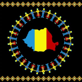 People in Romanian flag colors dancing around the Romania map colored with flag colors