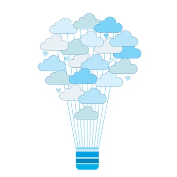 Blue hot air balloon lifted by clouds isolated on white background