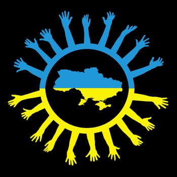 Help Ukraine concept with map of Ukraine and various hands raised asking for help