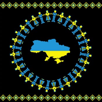 People in Ukraine flag colors dancing around the Ukraine map colored with flag colors