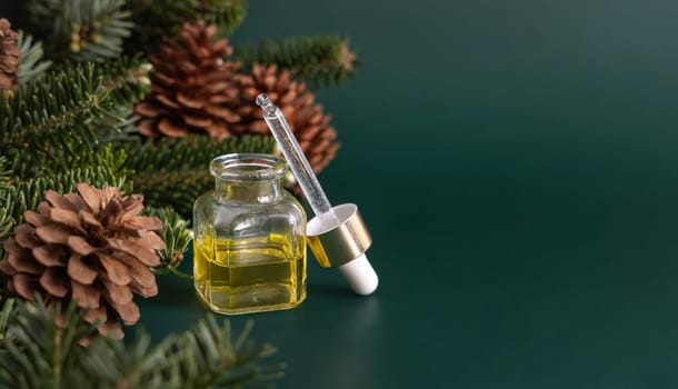 Glass bottle with a dropper with conifer essential oil near fir branches and pine cones on wooden piece on green close up. Aromatherapy, spa and herbal medicine concept. Natural remedy or cosmetics.