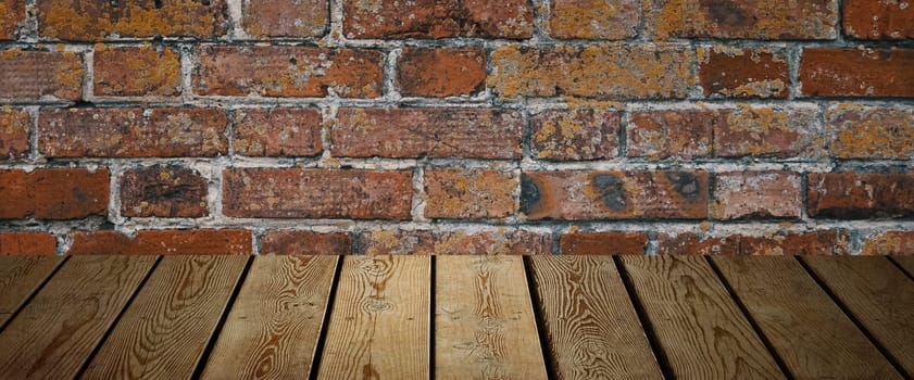 The background is blank wooden boards and a textured brick wall with lighting and vignetting. For product demonstrations, free space, layout, mockup, perspective board, background board.