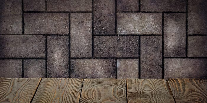 The background is blank wooden boards and a textured brick wall with lighting and vignetting. For product demonstrations, free space, layout, mockup, perspective board, background board.