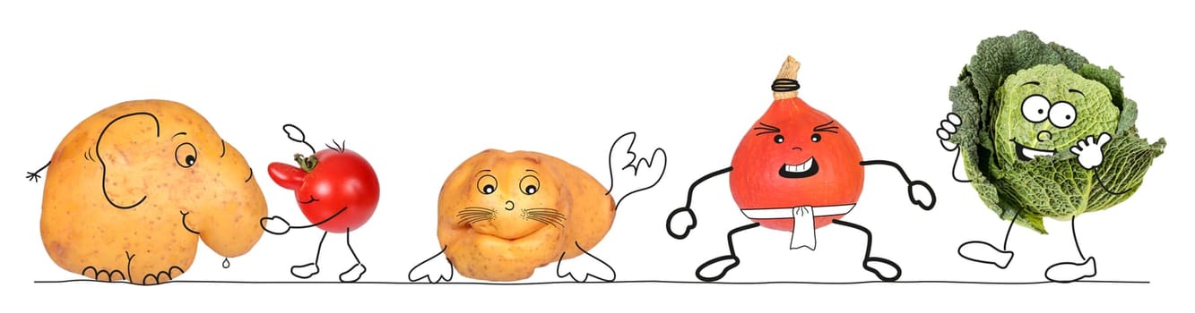 Vegetables as a comic character of a whole series. The funny figures are intended to get children excited about fruit and vegetables.