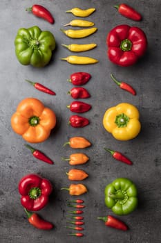 Variety of fresh and dried chili peppers on rustic background