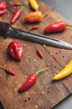 Variety of fresh and dried chili peppers on rustic background