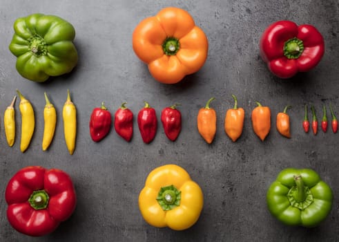 Variety of fresh and dried chili peppers on rustic background