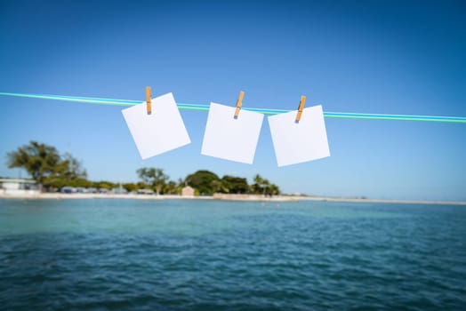 tropical landscape with island and white paper card for layers and messages