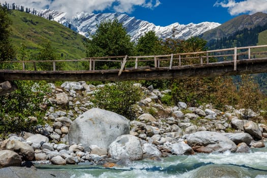 Bridge over Beas River in Himalayas near Manali. Kullu Valley, Himachal Pradesh, India