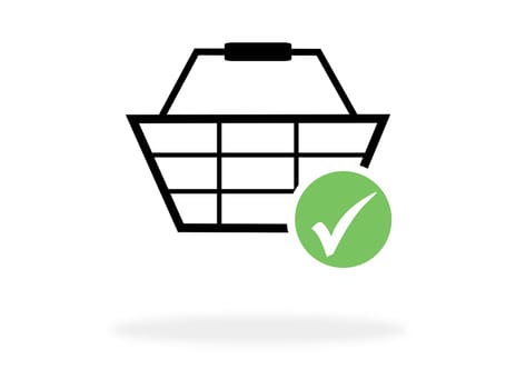 Shopping Basket Icon with shadow and green checkmark - Add to cart or payment