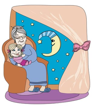 grandmother hugs her granddaughter - hand drawn illustration