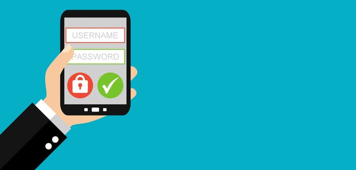 Flat Design Banner: Hand holding Smartphone: Username and Password