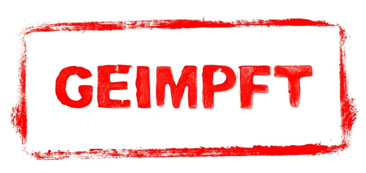 Vaccinated Banner in german language: Red rubber stamp frame with stencil text