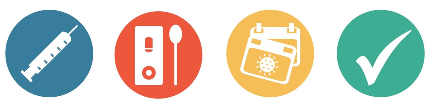 4 colorful Buttons blue, red, orange and green showing: Covid-19 Concept - Vaccinated, Tested or Recovered