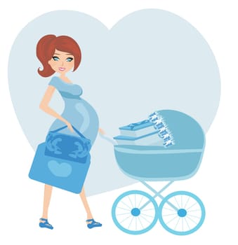 pregnant woman with a blue baby carrier full of presents