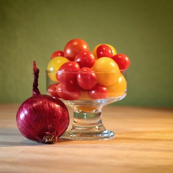 Still life with onion and tomato in jar