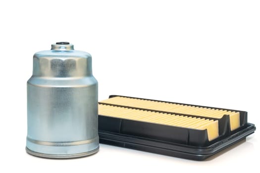 Close up new square car air filter and oil filter engine car on  white background