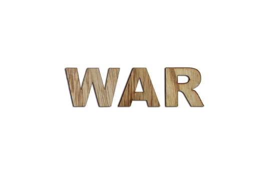 WAR, word written in wooden alphabet letters isolated. The concept of a terrible war destroying country. Top view. Copy space