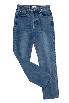 Jeans isolated. Trendy stylish blue denim pants or trousers isolated on a white background. Clipping path. Summer and autumn fashion. Front view.