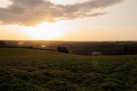 Green field country side at sunset panorama