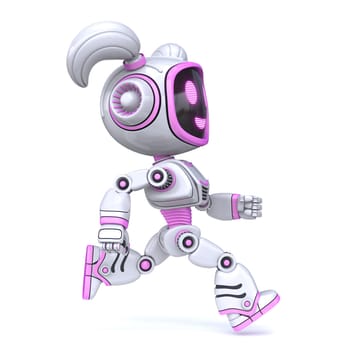 Cute pink girl robot running 3D rendering illustration isolated on white background
