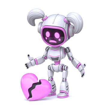 Cute pink girl robot with broken heart 3D rendering illustration isolated on white background