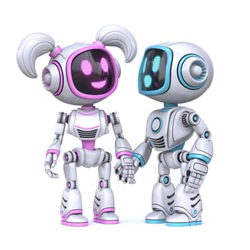 Cute pink girl and blue boy robots holding hands 3D rendering illustration isolated on white background