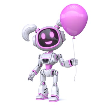Cute pink girl robot holding pink balloon 3D rendering illustration isolated on white background