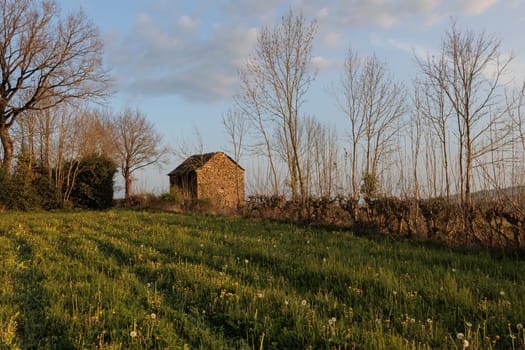 Country barn in France field and trees