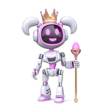 Cute pink girl robot with queen crown 3D rendering illustration isolated on white background